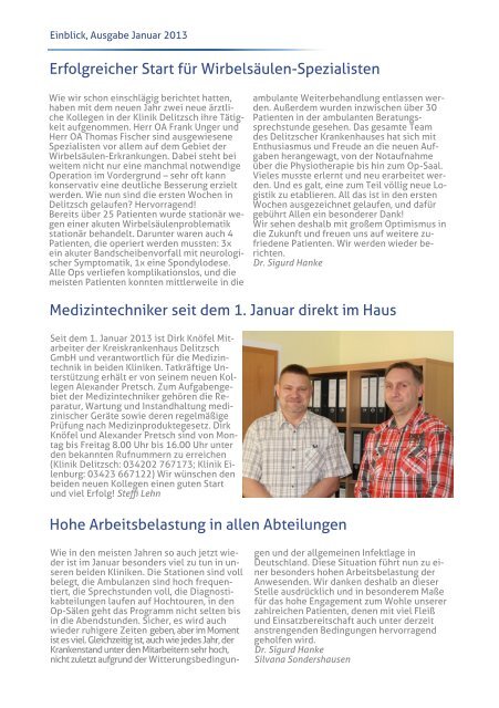 Einblick, Ausgabe Januar 2013 - Kreiskrankenhaus Delitzsch GmbH ...