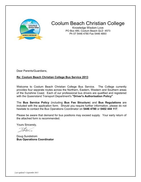 Bus Application Form - Coolum Beach Christian College