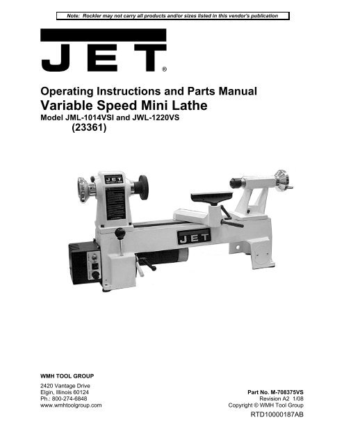 Jet Variable Speed Mini Lathe JML-1014VSI Manual - Rockler.com