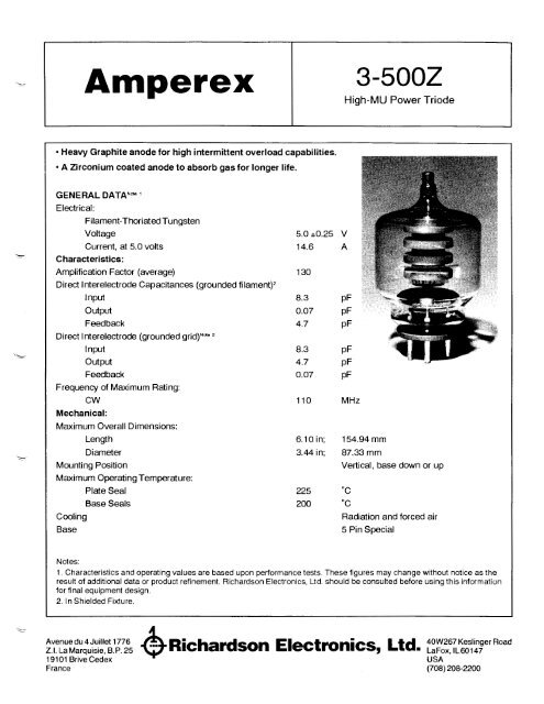 Amperex 3-500Z Tube Datasheet - MHz Electronics, Inc