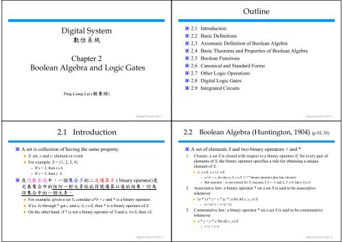 Di i l S gital System Chapter 2 Boolean Algebra and Logic Gates ...