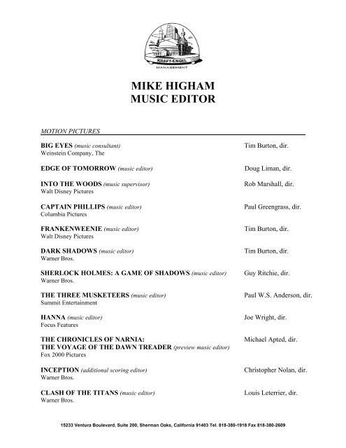 MIKE HIGHAM MUSIC EDITOR - Kraft-Engel Management
