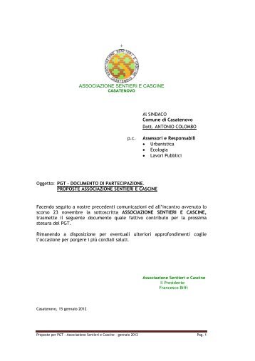 ASSOCIAZIONE SENTIERI E CASCINE Al SINDACO Comune di ...