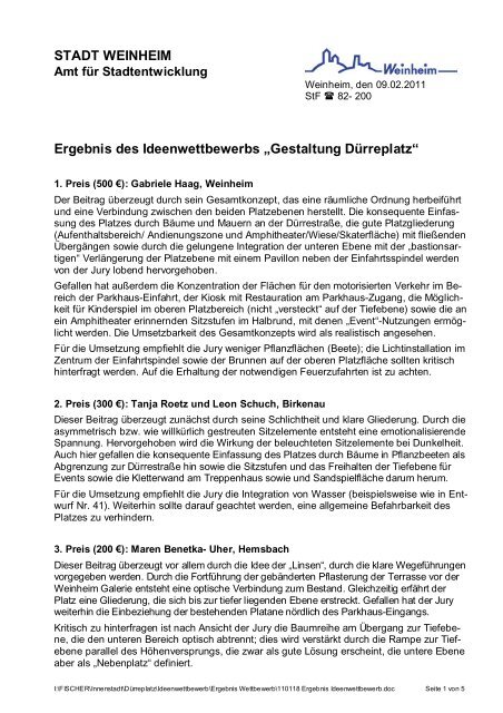 STADT WEINHEIM Ergebnis des Ideenwettbewerbs â€žGestaltung ...