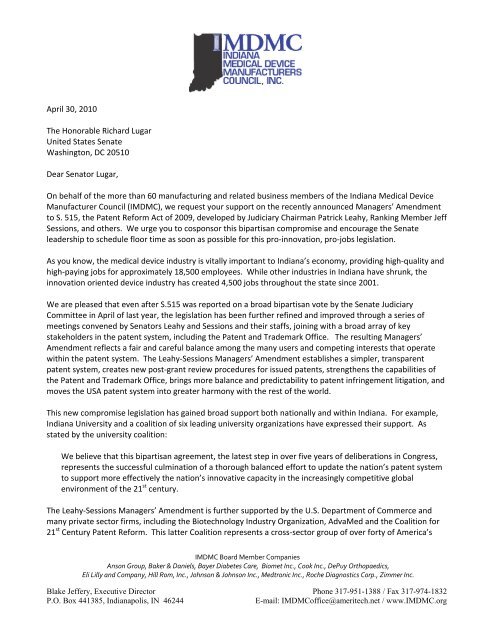 IMDMC Letter Supporting Patent Reform to Senators Lugar