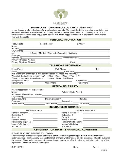 H&P Registration Forms Kit - Aesthetic Only - Urogyn.org
