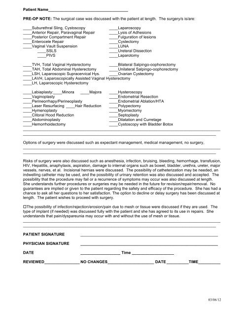 H&P Registration Forms Kit - Aesthetic Only - Urogyn.org