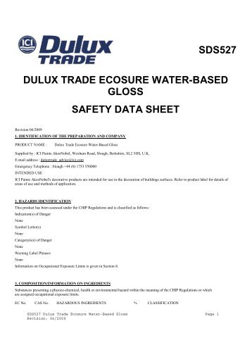 sds527 dulux trade ecosure water-based gloss safety data sheet