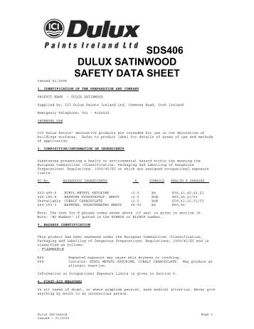 dulux satinwood safety data sheet - Duluxtrade.ie