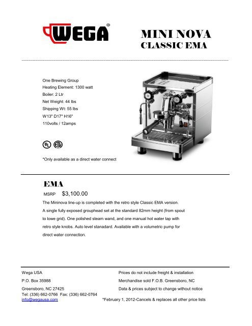 Click for Price List PDF - Wega