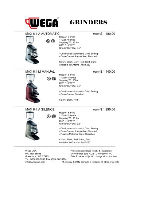 Click for Price List PDF - Wega