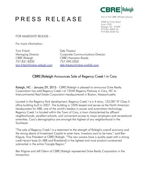 CBRE|Raleigh Announces Sale of Regency Creek I in Cary