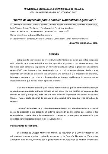 “Dardo de Inyección para Animales Domésticos Agresivos.”