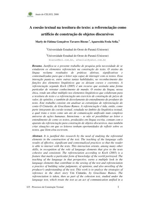 A coesÃ£o textual na tessitura do texto: a ... - Celsul.org.br