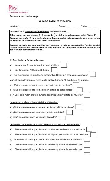 Guía de razones 6º básico, Prof. Jacqueline Vega