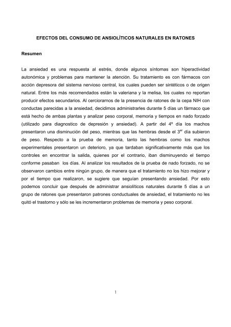 Efectos del consumo de ansiolíticos naturales en ratones