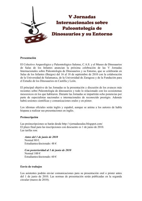 Primera circular V Jornadas Internacionales sobre PaleontologÃ­a de ...