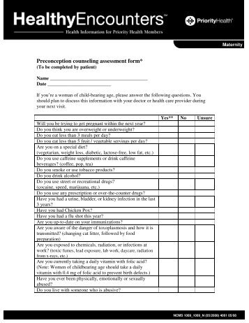Preconception counseling assessment form* - Priority Health