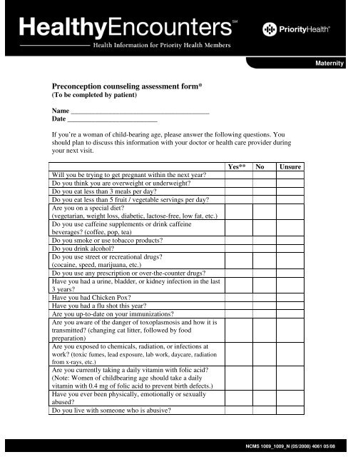 Preconception counseling assessment form* - Priority Health