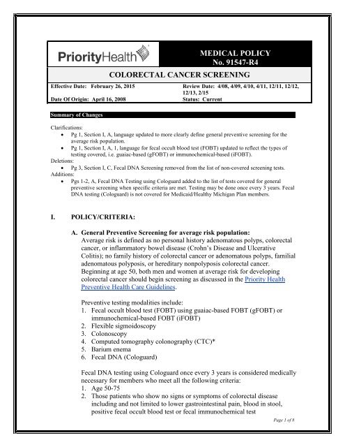 Colorectal Cancer Screening - Priority Health