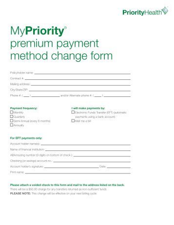 MyPrioritySM premium payment method change form - Priority Health