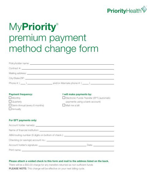 MyPrioritySM premium payment method change form - Priority Health
