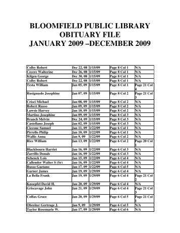 bloomfield public library obituary file january 2009 âdecember 2009