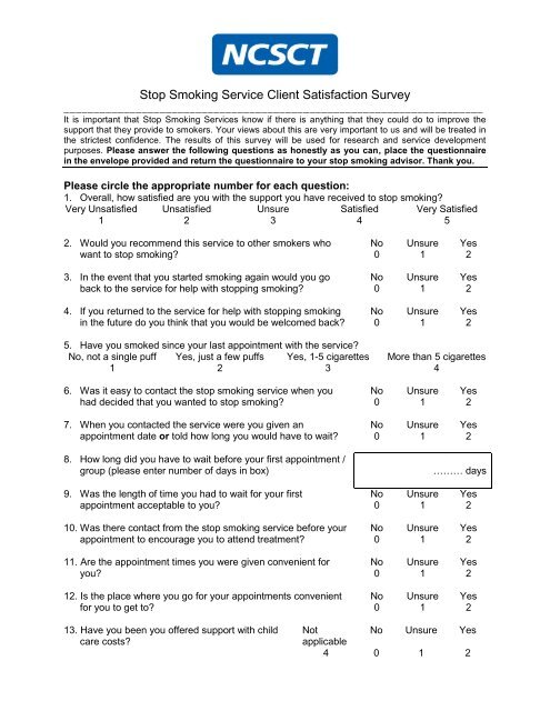 NHS Stop Smoking Service Client Satisfaction Survey - NCSCT