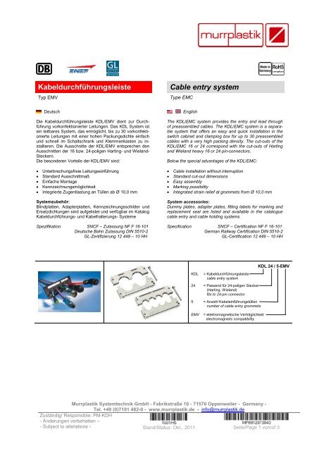 Kabeldurchführungsleiste Cable entry system - Murrplastik ...