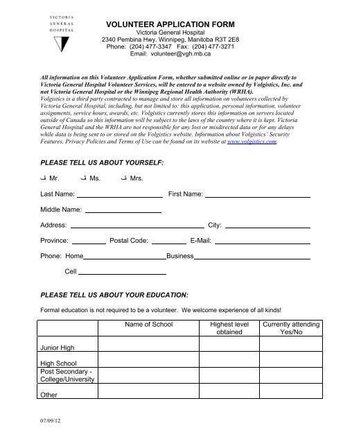 VOLUNTEER APPLICATION FORM - Victoria General Hospital