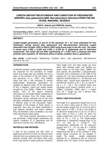 Length-Weight Relationship and condition of ... - Zoo-unn.org