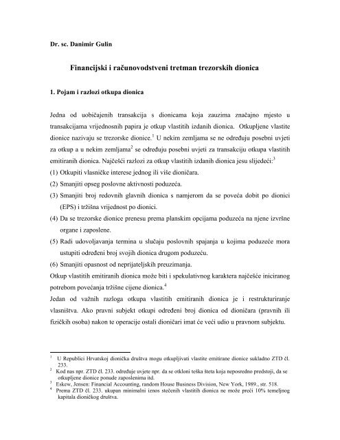 Financijski i raÃ„Âunovodstveni tretman trezorskih dionica