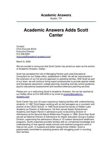Academic Answers Adds Scott Canter - Troubled Teen Help