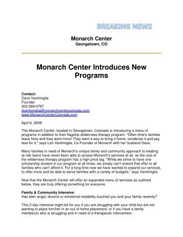 Monarch Center Introduces New Programs - Troubled Teen Help