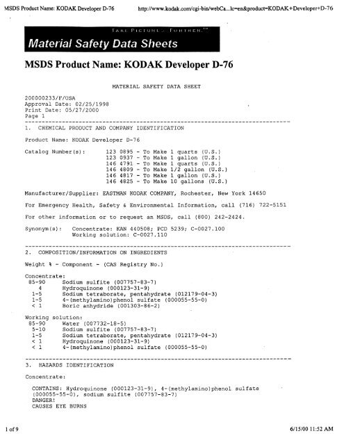 MSDS Product Name: KODAK Developer D-76 - Material Safety ...