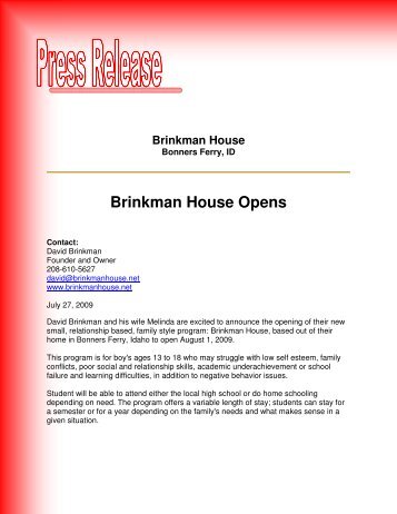 Brinkman House Opens - Troubled Teen Help