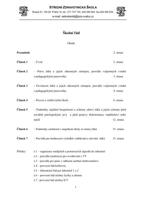 školní řád 2009/2010 - Střední Zdravotnická Škola Ruská