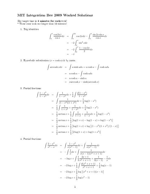 MIT Integration Bee 2009 Worked Solutions - TweetCube