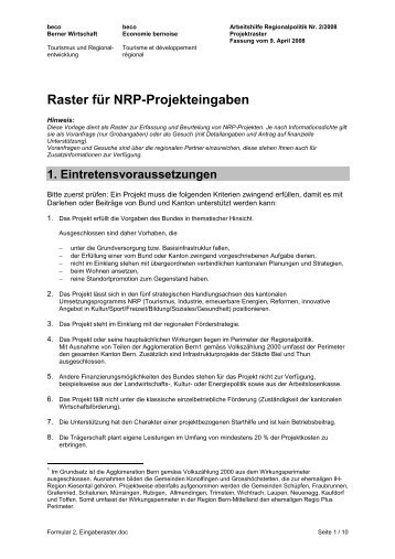 Raster für NRP-Projekteingaben - Region Emmental