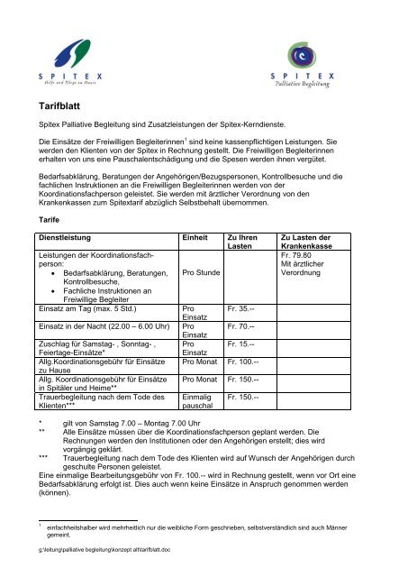 Tarifblatt - Spitex Burgdorf-Oberburg