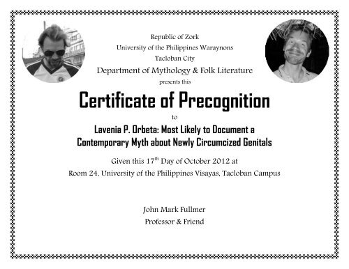 Certificate of Precognition - Mark Fullmer