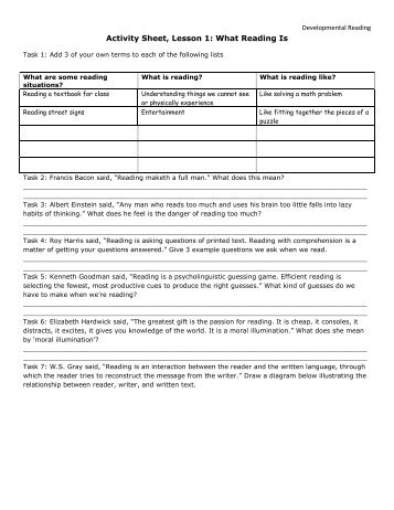 Activity Sheet, Lesson 1: What Reading Is - Mark Fullmer