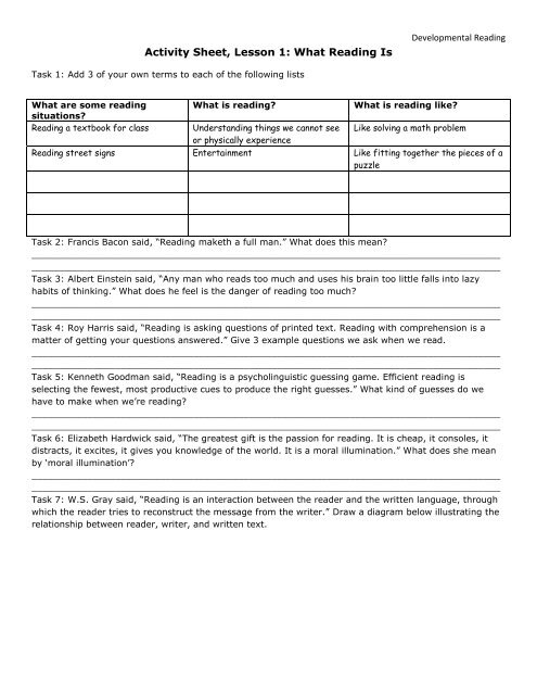 Activity Sheet, Lesson 1: What Reading Is - Mark Fullmer