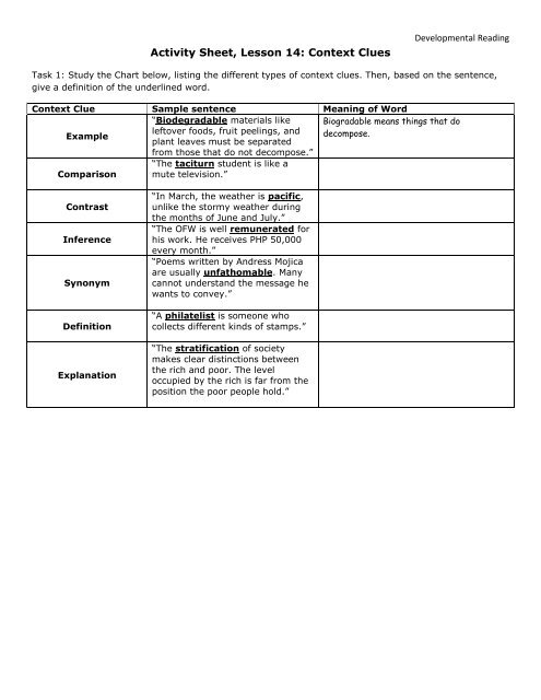 Activity Sheet, Lesson 1: What Reading Is - Mark Fullmer