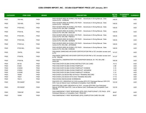 CEBU ERNBRI IMPORT, INC. - SCUBA EQUIPTMENT PRICE LIST ...