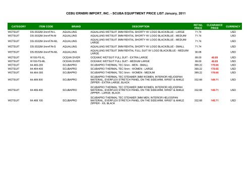 CEBU ERNBRI IMPORT, INC. - SCUBA EQUIPTMENT PRICE LIST ...