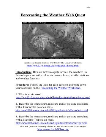 Forecasting the Weather Web Quest - Earth to Class