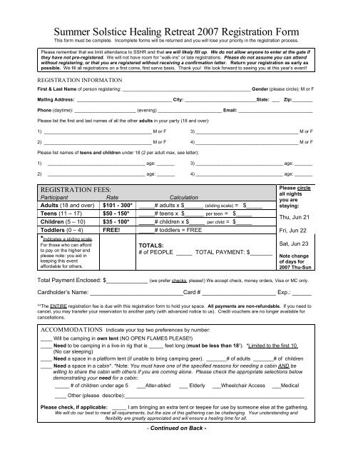 Summer Solstice Healing Retreat 2007 Registration Form
