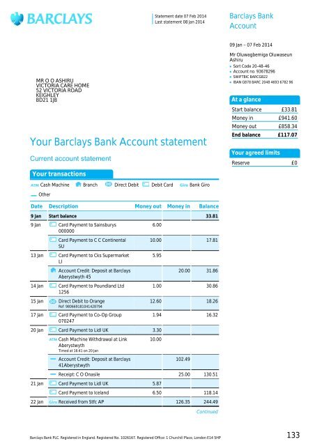 Your Barclays Bank Account statement