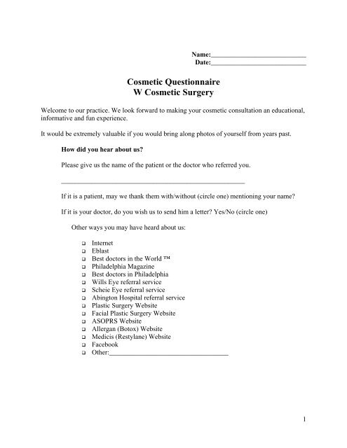 Cosmetic Questionnaire W Surgery - Makeup Questionnaire Cosmetic Questionnaire W Surgery - Makeup Questionnaire